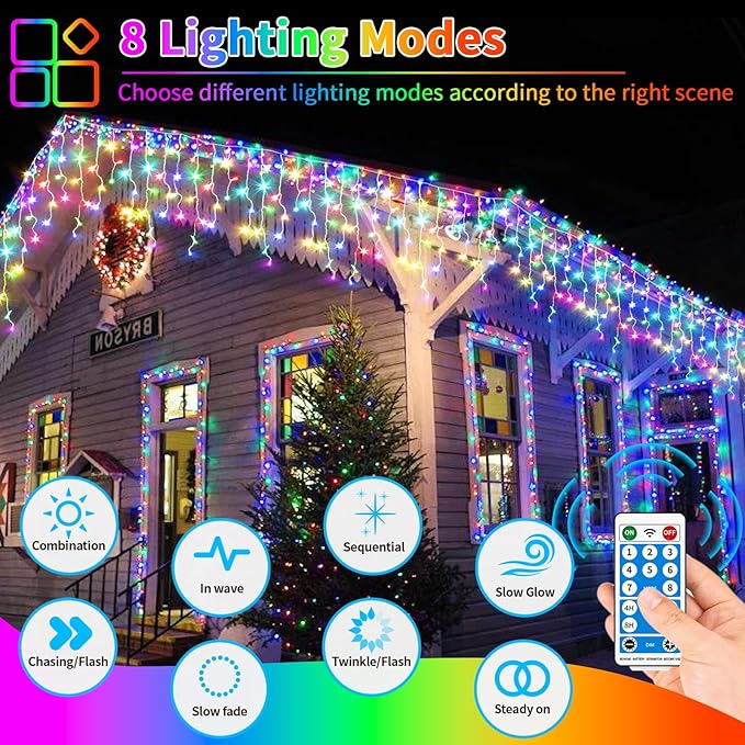 Solar Christmas Lights Outdoor 66+16Ft 660LED Multicolor &amp Cool White Dual Color Changing Icicle Lights 2400mAH Connectable Rechargeable Dimmable Remote 8 Modes for Xmas House Roof Holiday Party