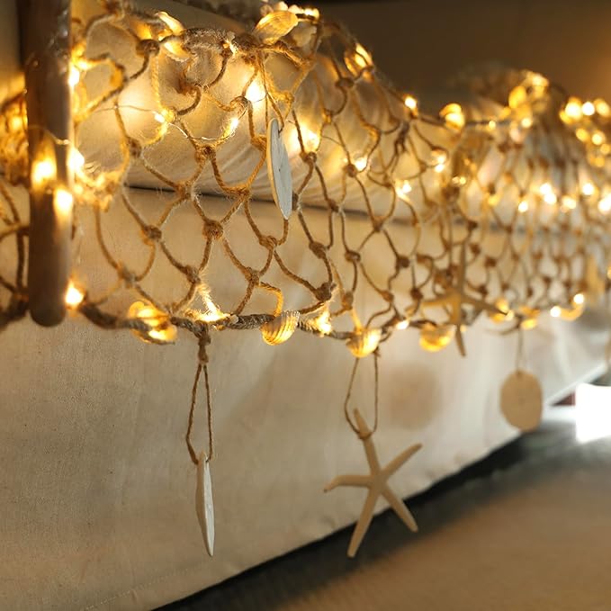 Seashell Garland 6.0FT (Length) × 0.5FT (Height) Rectangular Net Lights Beach Decor USB Battery Operated Ocean Light with Real Starfish Sand Dollars - Magic Conch Shell Beach Decorations for Home