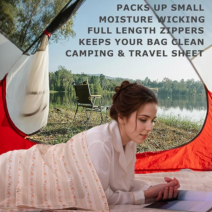 100% Cotton Sleeping Bag Liner with Full Length Zipper on 3 Sides Single/Double Adult Sleep Sack for Travel &amp Camping Multifunctional Travel Sheets (Unzipped 87”x87”) for Hotel Lightweight