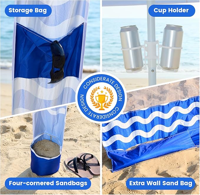 Zeraty Beach Cabana 8'×8' Portable Beach Canopy with Side Wall Easy Pop Up UPF 50+ Silver-Coated Beach Tent Sun Shelter Wind Resistant Adjustable Height Beach Umbrella Tent for Family Navy Blue