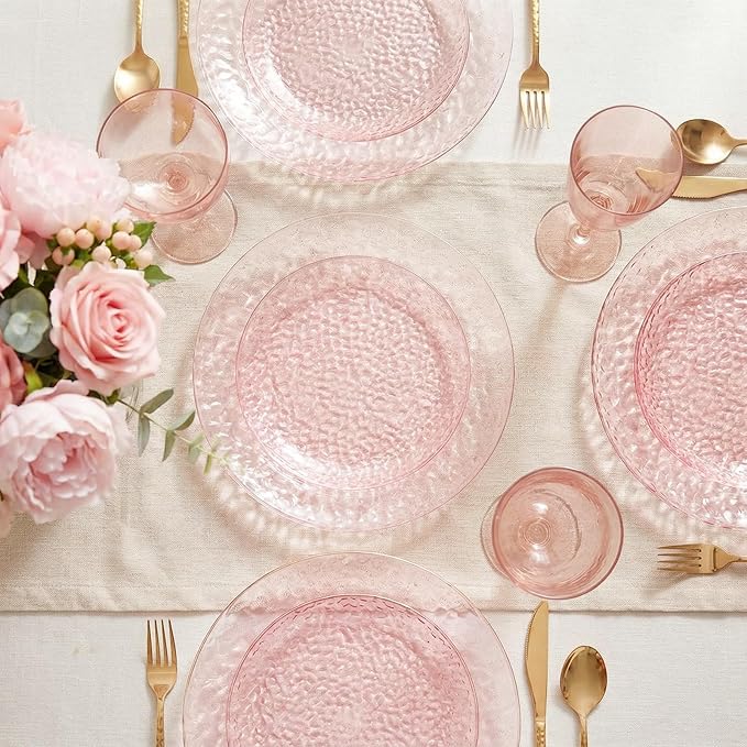 Rubtlamp 60PCS Pink Plastic Plates Disposable Pink Easter Plates with Hammered Design Heavy Duty Plastic Platos Fancy Party Platos Include 30 Dessert Plate &amp 30 Dinner Plate for Bridal Wedding