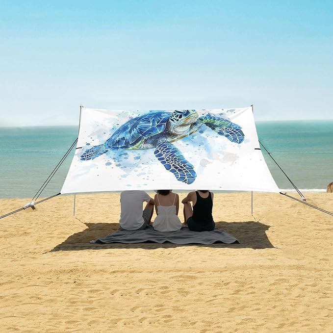 ALAZA Sea Turtle Watercolor Beach Tent Sun Shelter UPF50+ Protection Beach Shade Canopy w/ 4 Sandbags for Outdoor Camping Fishing Backyard Fun Picnic 10x9 ft