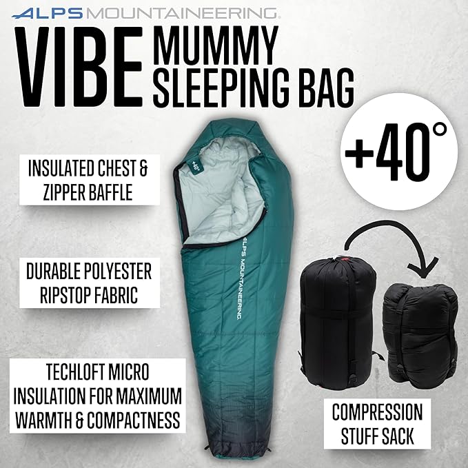 ALPS Mountaineering Vibe +40° Long Sleeping Bag – Lightweight 3-Season Mummy Bag with TechLoft Micro Insulation Ripstop Shell &amp Compression Sack for Camping Hiking &amp Backpacking