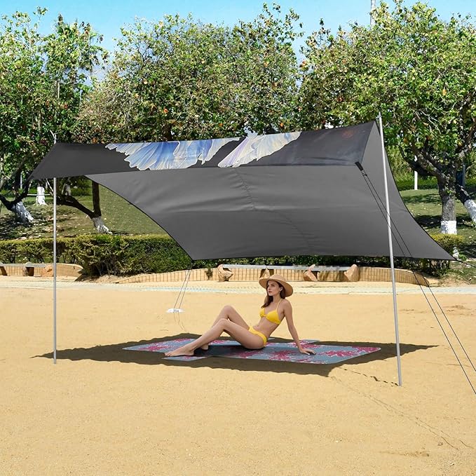 ALAZA Blue Iris Flower Painting Beach Tent Sun Shelter UPF50+ Protection Beach Shade Canopy w/ 4 Sandbags for Outdoor Camping Fishing Backyard Fun Picnic 10x9 ft