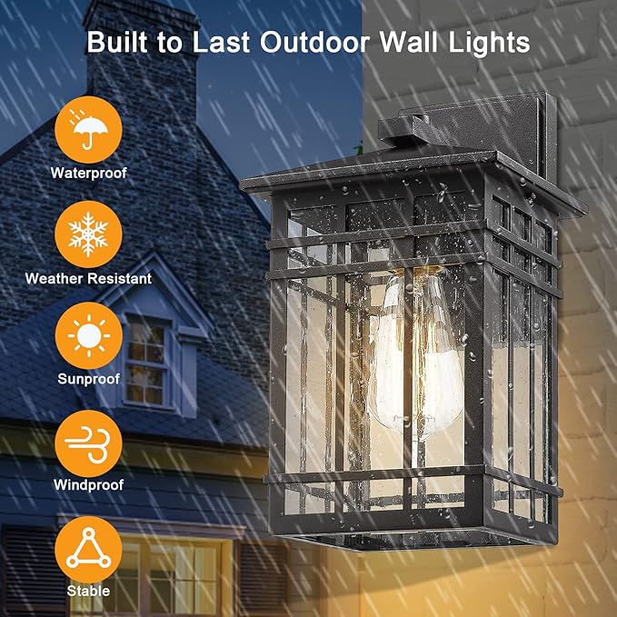 Outdoor Wall Lantern Exterior Light Fixture Wall Mount 1-Light Waterproof Outdoor Lighting Fixture with Seeded Glass for Porch Garage Patio Hallway Entryway Black