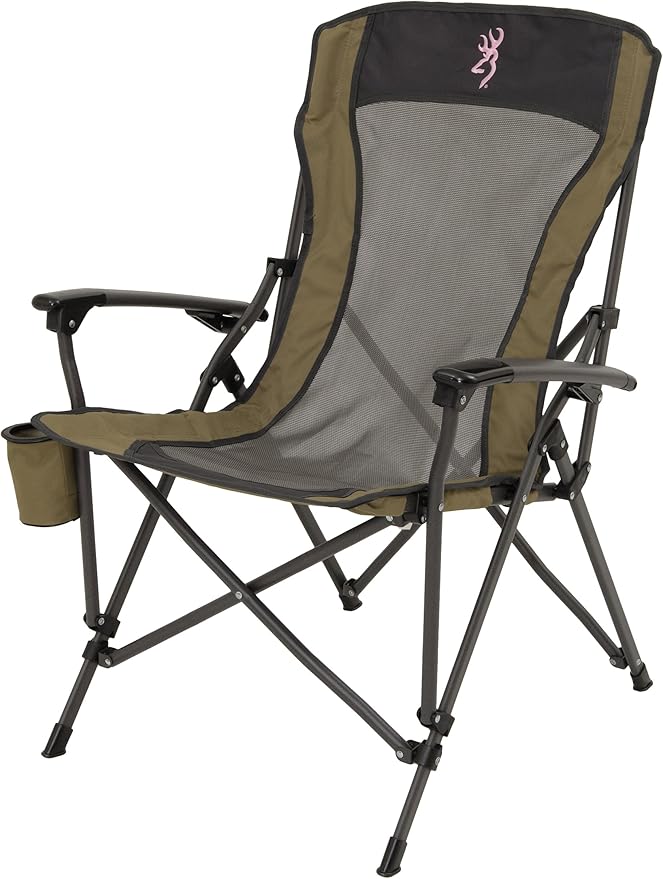 Browning Folding Camping Chairs for Adults - Durable Mesh Fabric Over Sturdy Powder Coated Steel Frame Armrests Cup Holder and Shoulder Carry Bag