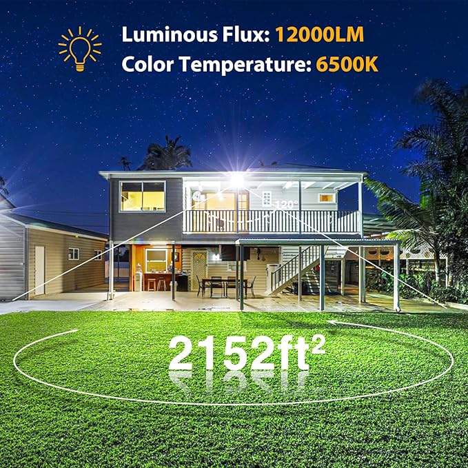 Onforu 120W Flood Lights Outdoor12000lm White LED Work Light with Plug 6500K Daylight White LED Flood Lighting IP66 Waterproof Security Yard Lights for Yard Garage Stadium 2 Pack