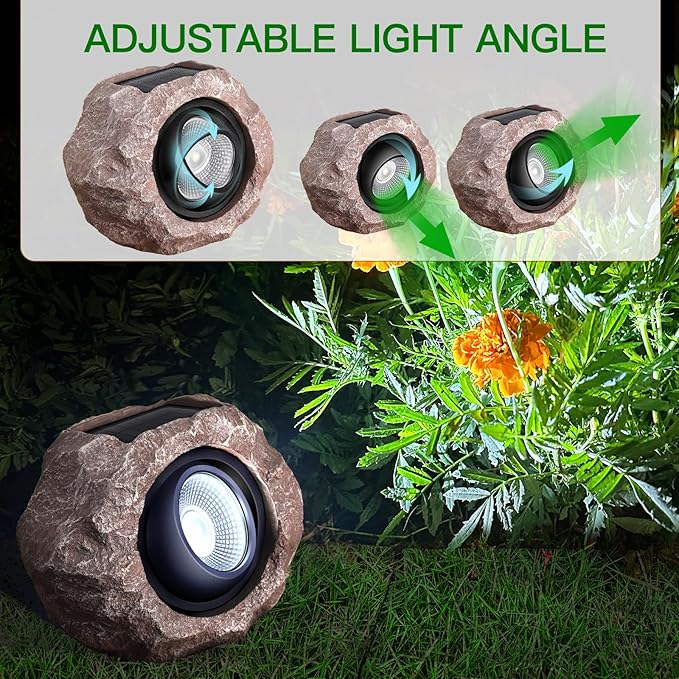 4 Pack Solar Rock Lights Outdoor Angle Adjustable Solar Lights Outdoor Waterproof LED Solar Garden Lights Auto On/Off Landscape Lighting for Yard Pathway Patio Flower Bed - White Glow (Stone Brown)
