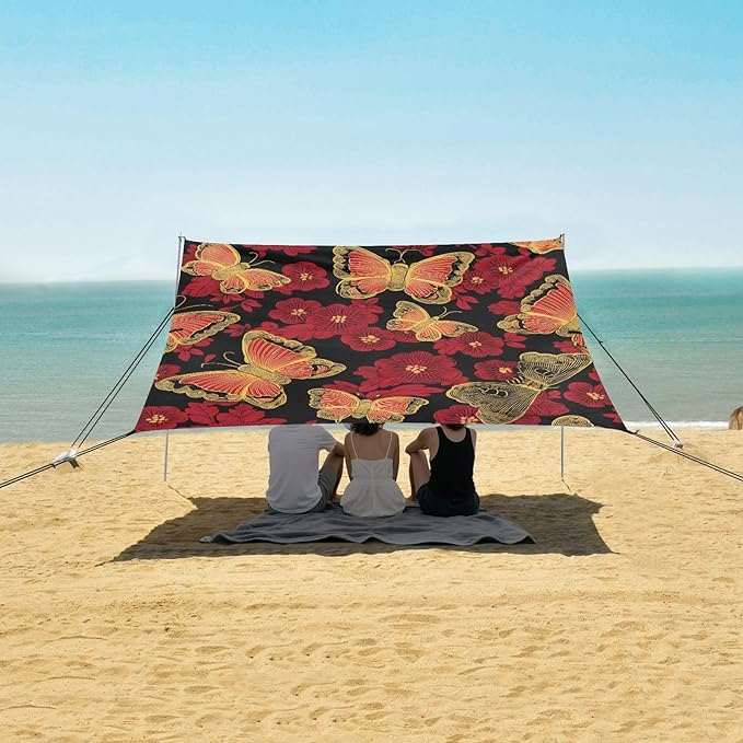 ALAZA Red Cherry Blossom Butterfly Beach Tent Sun Shelter UPF50+ Protection Beach Shade Canopy w/ 4 Sandbags for Outdoor Camping Fishing Backyard Fun Picnic 10x9 ft