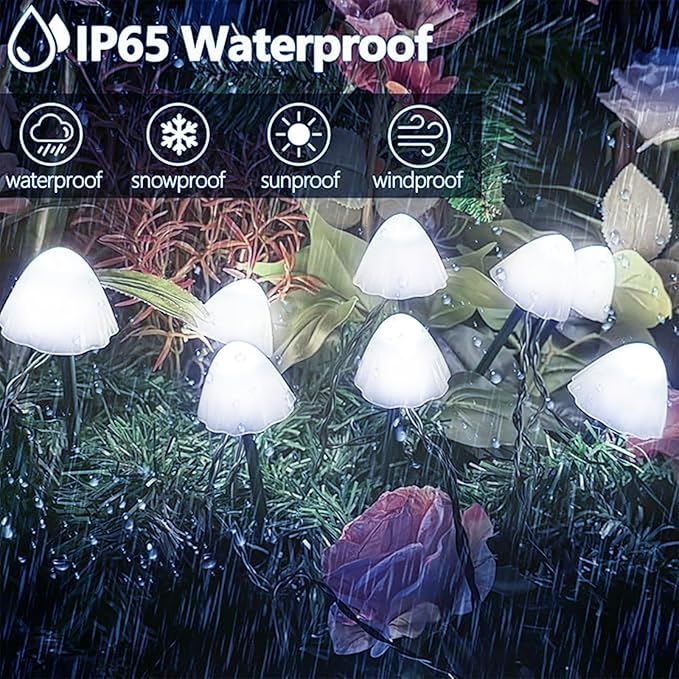 OZS 2PK 32LED 55FT Mushroom Solar Garden Lights Outdoor Solar String Lights Waterproof with 8 Lighting Modes Solar Garden Decor for Outside Pathway Light for Yard Decoration (Cool White)