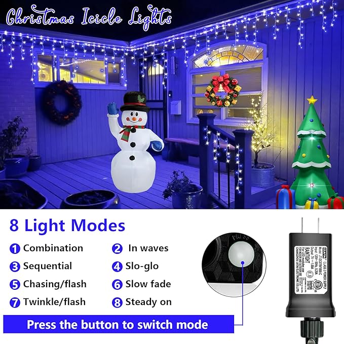 QITONG Blue and White Icicle Lights for Outside 33ft 400 LED String Light Indoor Plug in 8 Modes Connectable Icicle Christmas Light Clear Wire