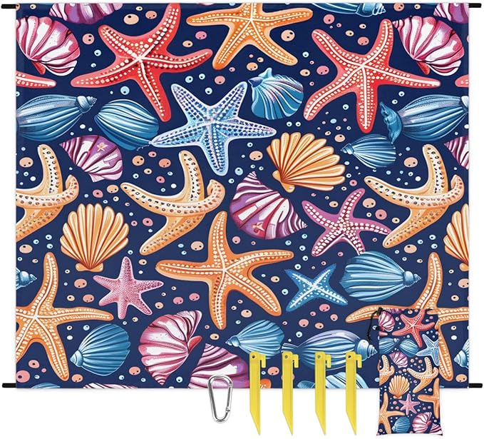 Waterproof Sandproof Beach Blanket 59''×68'' Vintage Ocean Polyester Outdoor Picnic Blanket with 4 Stakes &amp Storage Bag for BeachCampingVacation Blue