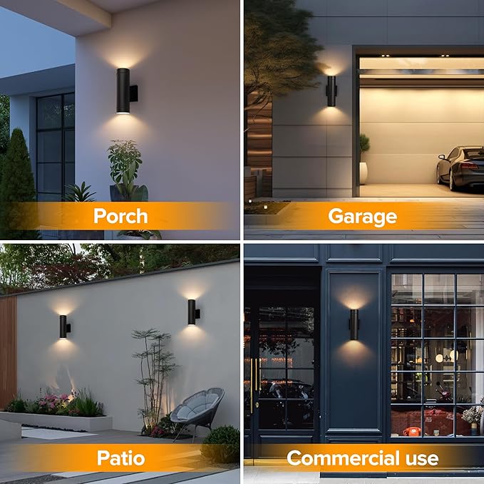 LUTEC Dusk to Dawn Outdoor Wall Lights 16W Integrated LED Cylinder Up-Down Sconce 3000K Waterproof Aluminum Exterior Lighting Matte Black Modern Porch and Entryway Wall Light Fixture 2 Pack