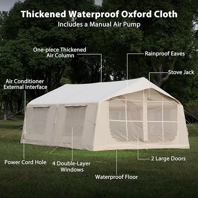 Oxford Inflatable Tent for Camping with Hand Pump 4 Season Glamping Tents with Stove Jack for 8-12 Person Waterproof Outdoor Party Camping Festival
