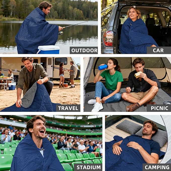 Large Outdoor Waterproof Blanket Extra Thick Fleece Stadium Blanket for Camping Car Pet Picnics - Windproof Wearable Machine Washable 80 x 58 (Dark Blue)
