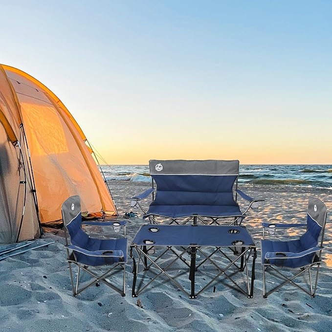 Northroad Folding Camping Chair Set of 4Portable Collapsible Conversation Set w/1 Sofa2 Single Chairs and 1 Table for Family PatioOutdoor TravelBeach(Blue)