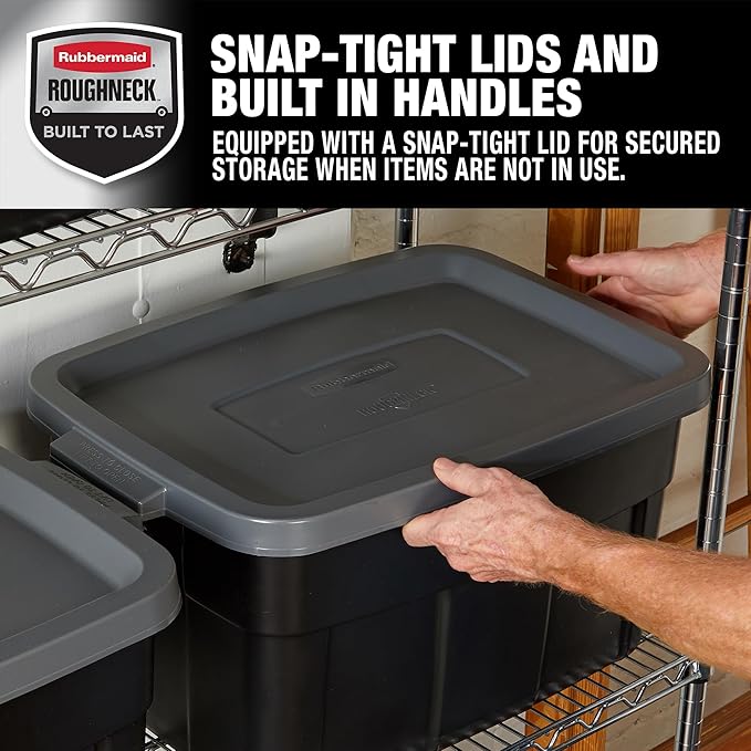 Rubbermaid Heavy Duty Black Storage Bins Plastic Totes with Lids for Storage Stackable Large Capacity Durable Multipurpose 14 GAL 6 Pack (14 GAL - 6 Pack Solid Black and Grey)