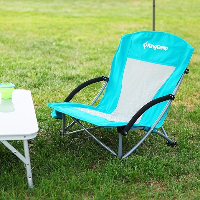 KingCamp Low Beach Chair High Back Folding Camping Chair for Adults Oversized Breathable Mesh Seat 300lbs Heavy Duty Portable Chair with Cup Holder &amp Storage Pockets for Beach Outdoor