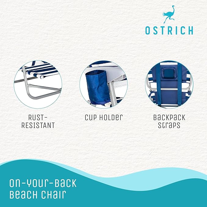 Ostrich Portable Deluxe 3-in-1 Padded Sports Chair w/5 Positions and Footrest &amp On-Your-Back Outdoor Camping Recliner w/5 Positions Blue Stripe
