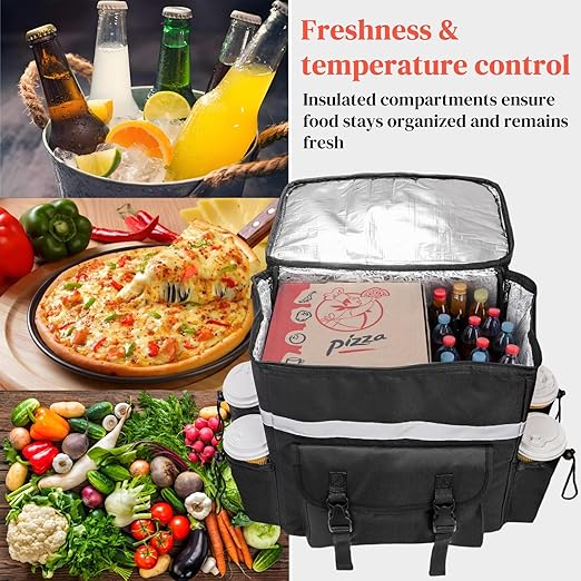 Food Delivery Backpack Insulated Reusable Pizza Delivery Bag with 4 Cup Holder Waterproof Thermal Catering Bags Reflective Strip for Delivery Bike Hot Cold Food Camping