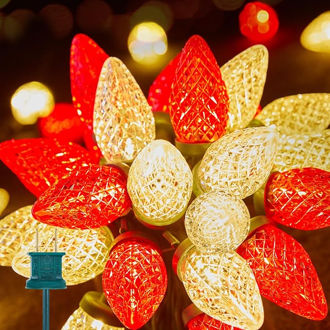 Brightown Red and Warm White C9 LED Christmas String Lights 33ft 50 LED Waterproof Strawberry String Lights Plug-in Extendable Green Wire Lights String for Outdoor Indoor Patio Party Decoration