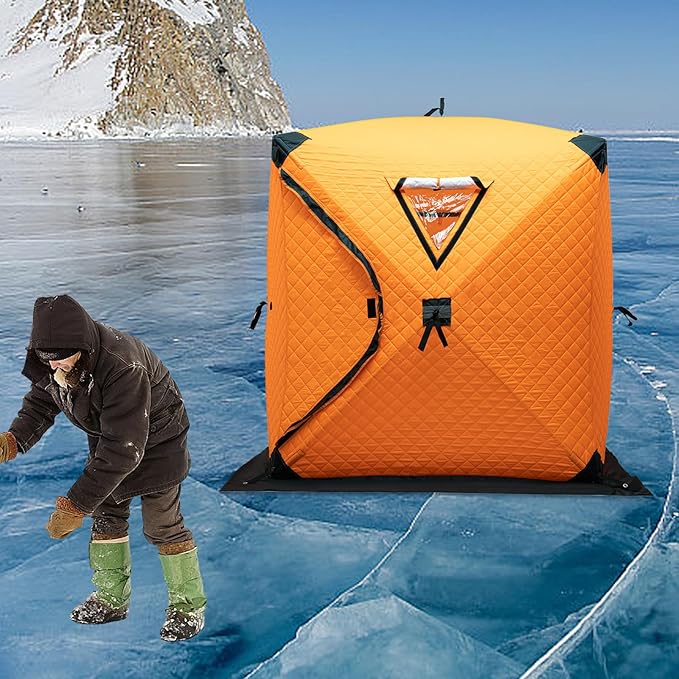 Portable Ice Fishing Tent for 1-2 Persons Thermal Insulated Ice Shelter with Fiberglass Poles 210D Oxford Waterproof Fabric Pop-Up Ice House with Windows &amp Carry Bag for Winter FishingOrange