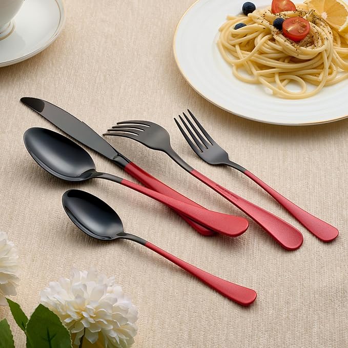 20-Piece Black and Purple Stainless Steel Flatware Set - 4 Dinner Knives Forks Spoons Salad / Dessert Teaspoons - Dishwasher Safe