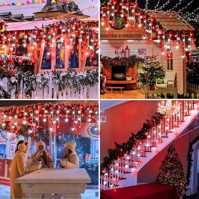 XURISEN 66ft Christmas Lights Decorations Outdoor 640 LED 8 Modes Curtain Fairy Lights with 120 DropsPlug in Waterproof Timer Memory Function for Christmas Holiday Wedding Party Decor(Red+White)
