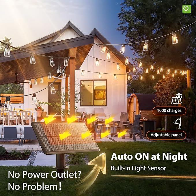 KYY 54FT Solar String Lights Outdoor Waterproof with USB Charging &amp Remote Dimmable &amp Timable Solar Powered Patio Lights with LED Shatterproof Bulbs for Deck Backyard Porch Garden Camping