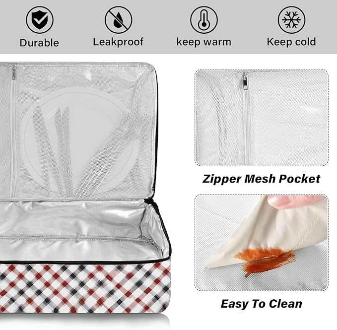 Casserole Carrier Red and Black SquaresInsulated Casserole Carrier for Hot or Cold Food Thermal Lunch Tote for Potluck Parties Picnic Beach Fits 9 x 13 Inches Baking Dish