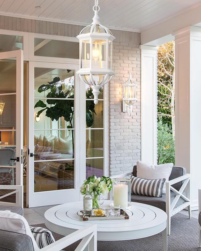 VIANIS Outdoor Hanging Lights White Outdoor Pendant Lights with Tempered Beveled Glass 20 Inch 1-Light Adjustable Outdoor Chandelier for Entryway Gazebo Waterproof and Anti-Rust 100% Aluminum