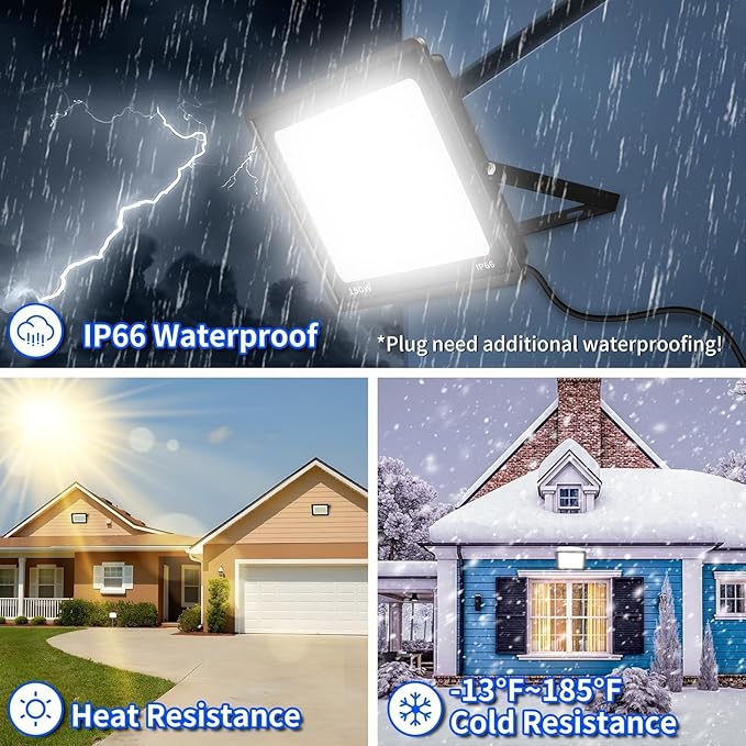 150W LED Outdoor Flood Lights with Plug 18000lm Bright Work Light with 6ft Cord 5000K Daylight White Exterior Floodlight IP66 Waterproof Security Light Yard Lights for Garage Stadium 2 Pack