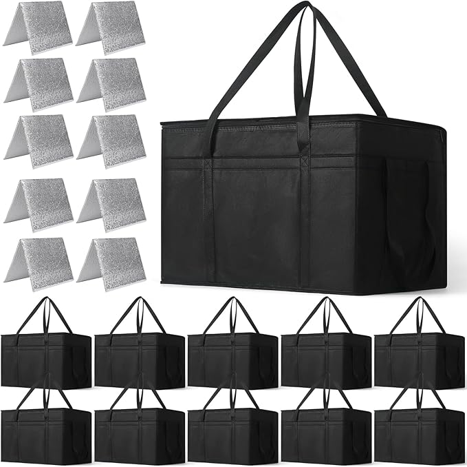 10 Pack Insulated Food Delivery Bags Bulk Insulated Bag XXXL Pizza Delivery Bags Foldable With Hard Bottom Insulated Cooler Bag for Grocery Catering Travel Hot/Cold Food Transport