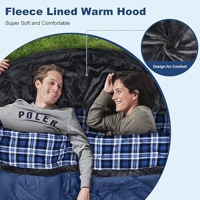 AGEMORE Cotton Flannel Double Sleeping Bag with Fleece Lined Hood Waterproof Queen Size 2 Person Sleeping Bag for Adults Cold Weather Camping Backpacking or Hiking 3-4season