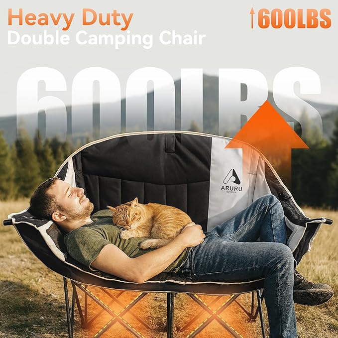 Double Camping Chair with Cooler Oversized Heavy Duty Loveseat for Adults Portable Folding 2 Person Camp Couch Padded Comfortable Two Seat for Outdoor Beach Lawn Tailgating Sports (Black Grey)