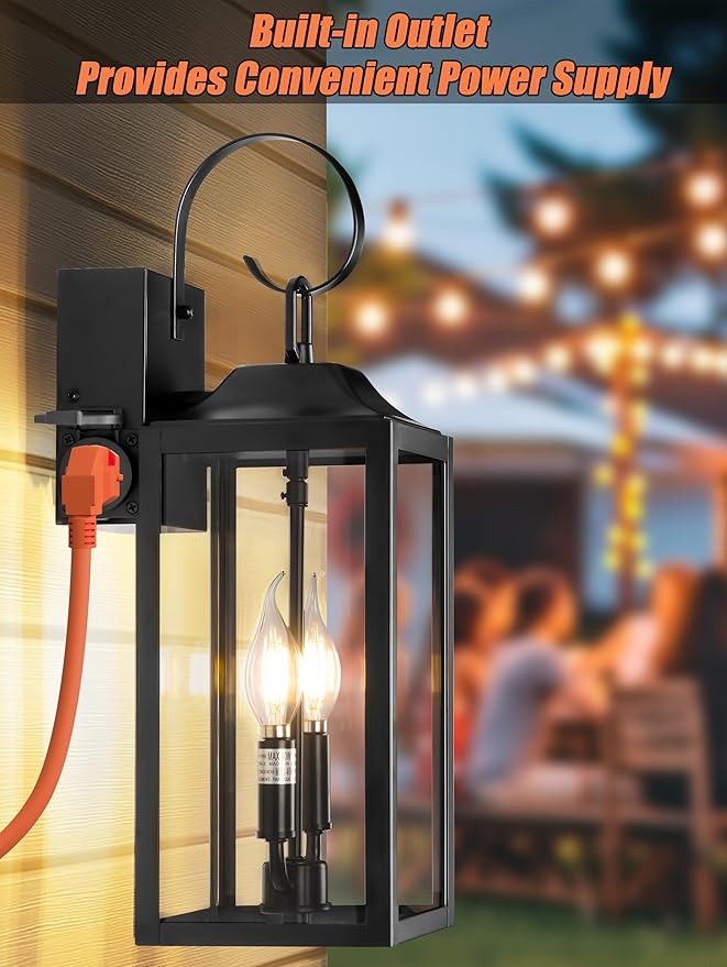 19 Large Porch Light with Outlet Black Large Outdoor Wall Lantern 2-Light Exterior Lighting Fixtures Modern Outdoor Wall Light with Outlet Farmhouse Sconce Lantern for House Front Door Garage