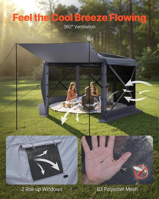 VEVOR Pop up Gazebo Screen Tent 12 x 12 ft Large 6-Sided Camping Canopy Tent with Removable Top &amp Carry Bag Quick-Set &amp Bite-Proof Screen House Sun Shelter for 8-10 Persons Backyard Patio