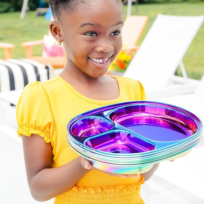 Ahimsa Stainless Steel Plates For Kids Pediatrician Designed Divided Plates for Toddlers &amp Baby Non Toxic Unbreakable &amp Dishwasher Safe Iridescent Blue Set of 4