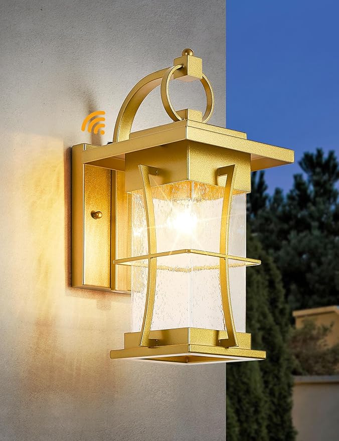 Gold Dusk to Dawn Outdoor Wall Lantern Exterior Light Fixtures Wall Mount Porch Light with Photocell Sensor Waterproof Outside Sconce for House Patio GarageSeeded Glass Outside Wall Lamps