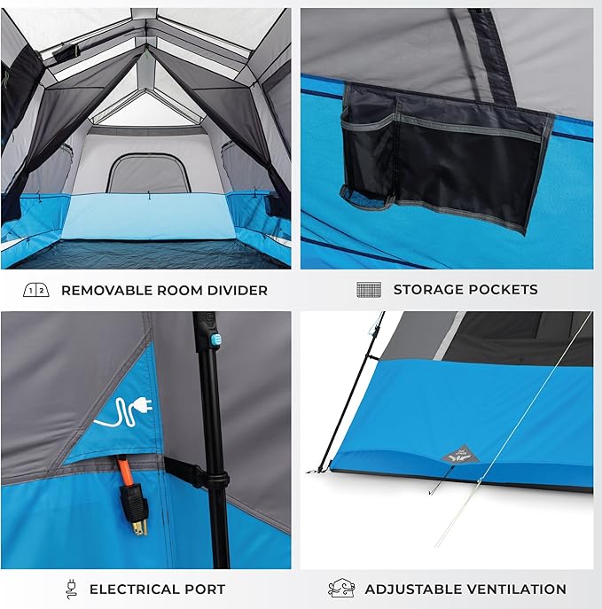 CORE Instant Cabin Tents with LED Lights | 6 Person / 9 Person / 12 Person Family Multi Room Lighted Pop Up Tents for Camping | Included Storage Pockets for Camping Accessories