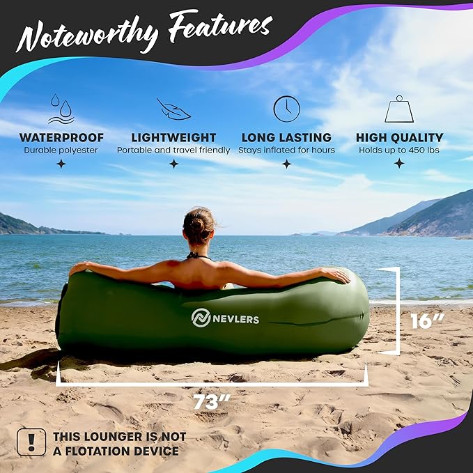 Nevlers Military Green Inflatable Lounger | No-Pump Blow Up Couch | 210T Polyester Outdoor Lounger for Use as Music Festival Essentials | Air Couch Inflatable Chair for Kids w/ 450 lbs. Capacity