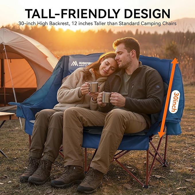High Back Double Camping Chair 2 Person Camping Chair Low Seat Loveseat Camping Chair Fully Padded Oversized Camping Couch for Adults - Supports 650 LBS with Cup Holders Carry Bag - Blue