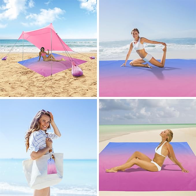 Large Beach Blanket Waterproof Sandproof Blue Pink Gradient Weighted Polyester Picnic Blanket Windproof w/Stakes and Sand Pockets Outdoor Camping Beach Mat Sand Free Fits 8 Adult for Travel Hiking