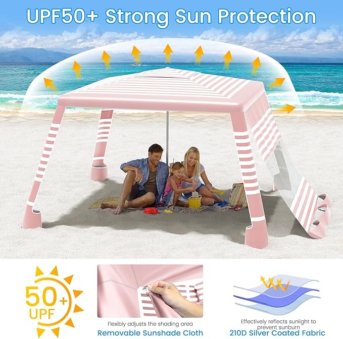 MoKo Beach Cabana 8'×8' Large Beach Canopy with Side Wall UPF 50+ Protection Easy Setup Beach Tent Sun Shelter Adjustable Height Wind Resistant Cabana Beach Tent for Whole Family Pink Stripe