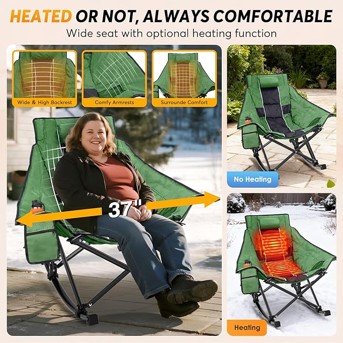 Suteck Heated Rocking Camping Chair XL Oversized Rocking Chair Outdoor with 3 Heat Levels for Back and Seat Heated Chairs Outdoor Sports for Patio Lawn Picnic Travel Power Bank（Not Included）