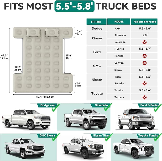 YITAHOME Truck Bed Air Mattress for 5.5-5.8 ft Short Beds Portable Inflatable Car Camping Mattress with Pump Pillows &amp Carry Bag for Travel Outdoor &amp Road Trips Black &amp Gray