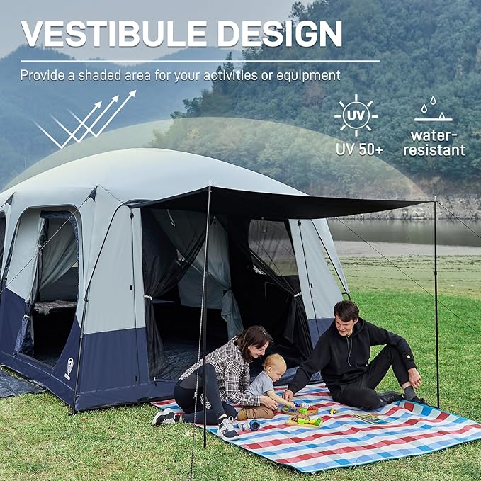 EVER ADVANCED 10 Person Camping Blackout Design Tent Multi Room Tent for Family Large Tents with Rainfly and Carry Bag 2 Doors Water-Resistant 14ft x 10ft x 84in