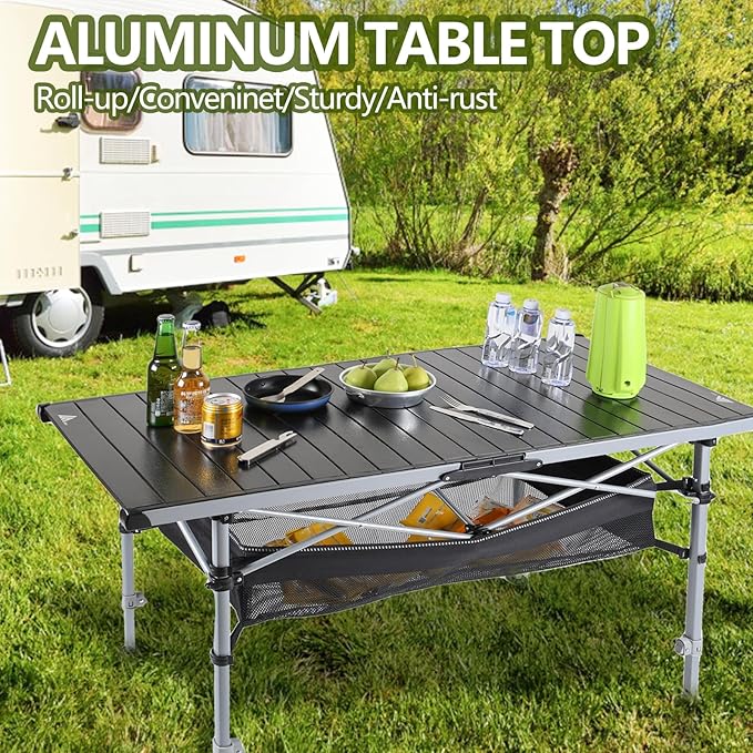 Ablazer Camping Table with Carry Bag Adjustable Height Portable Table for Outdoor Camping Picnic Beach Aluminum Picnic Roll-up Table for 4-6 Person