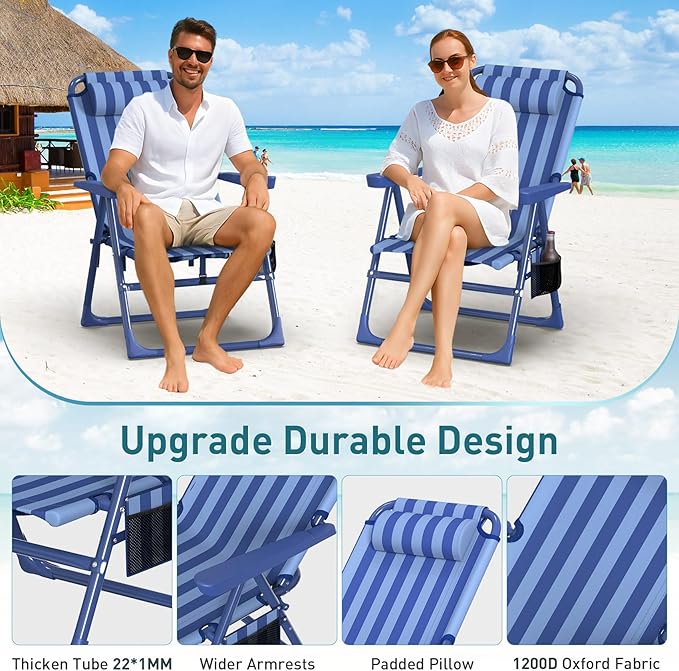 Suteck Backpack Beach Chairs for Adults 2 Pack 6-Position Folding Reclining Chair with Cooler Bag &amp Cup Holder Lightweight Portable Beach Chair for Camping Outdoor Sand Travel Use