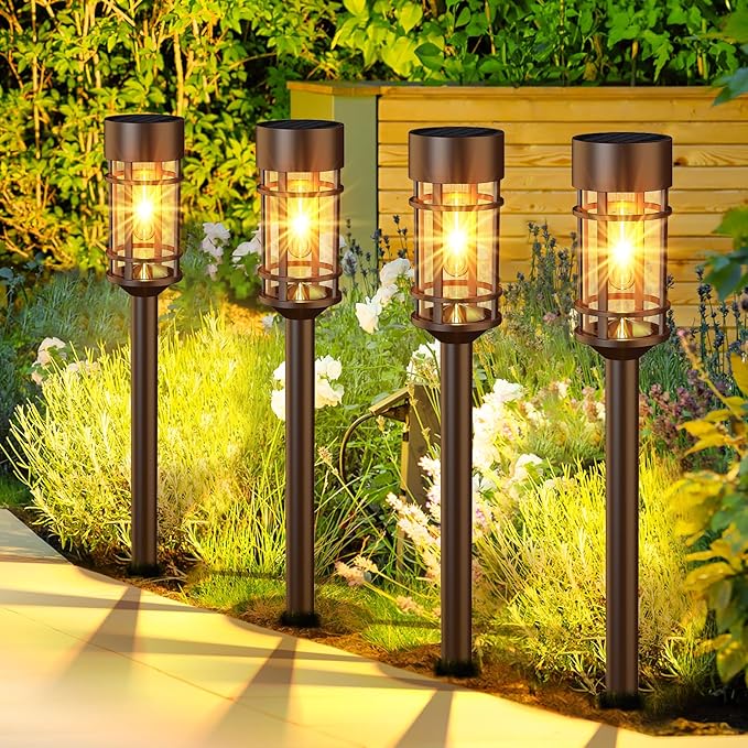 Solar Pathway Lights Outdoor Solar Lights 8 Pack Metal &amp Glass Design - Waterproof Auto On/Off Bright Long-Lasting Garden Landscape Lighting Walkway Driveway